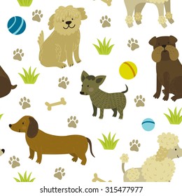 Vector seamless pattern with cute dogs: bulldog, dachshund, bobtail, poodle, chihuahua. Repeating texture with funny cartoon characters. Childish background.