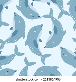 Vector seamless pattern with cute dolphin on blue background. Hand drawn ocean animal. Cartoon character. Under sea life. Perfect for wrapping paper, package, wallpaper and banner.