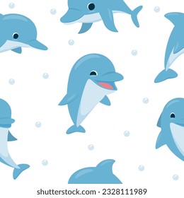 Vector seamless pattern with cute dolphins. Illustration for magazine, book, poster, card, web pages.