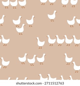 Patrón sin fisuras de Vector con gansos domésticos lindos sobre fondo beige. Hermoso diseño para estampados de bebé. Ilustración vectorial.