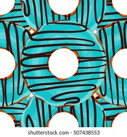 Vector seamless pattern. Cute donuts with colorful glazing or cream on white background. Yummy cookie sweets, food or candy decoration. Flat lay style, pattern for festive, tasty design