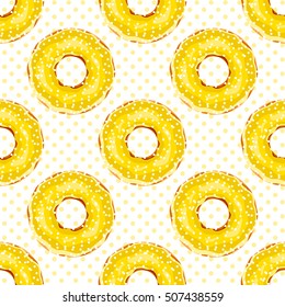 Vector seamless pattern. Cute donuts with colorful glazing or cream on polka dot background. Yummy cookie sweets, food or candy decoration. Flat lay style, pattern for festive, tasty design