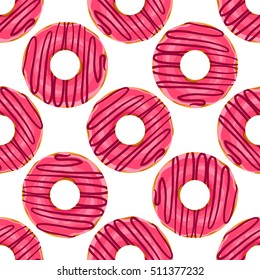 Vector seamless pattern. Cute donuts with colorful glazing or cream on white background. Yummy cookie sweets, food or candy decoration. Flat lay style, pattern for festive, tasty design