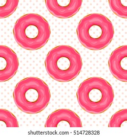 Vector seamless pattern. Cute donuts with colorful glazing or cream on polka dot background. Yummy cookie sweets, food or candy decoration. Flat lay style, pattern for festive, tasty design