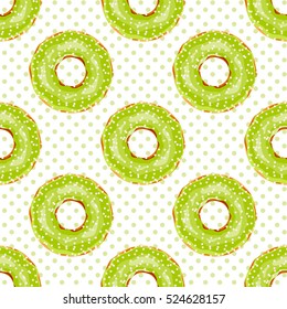 Vector seamless pattern. Cute donuts with green colorful glazing or cream on polka dot background. Cookie sweets, food or candy decoration. Flat lay style, pattern for festive, tasty design