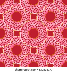 Vector seamless pattern. Cute donuts with colorful glazing or cream on colored background. Yummy cookie sweets, food or candy decoration. Flat lay style, pattern for festive, tasty design 