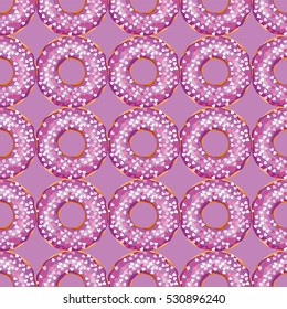 Vector seamless pattern. Cute donuts with colorful glazing or cream on colored background. Yummy cookie sweets, food or candy decoration. Flat lay style, pattern for festive, tasty design 
