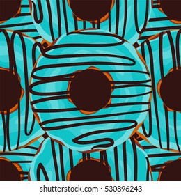Vector seamless pattern. Cute donuts with colorful glazing or cream on colored background. Yummy cookie sweets, food or candy decoration. Flat lay style, pattern for festive, tasty design 