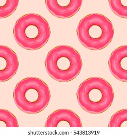 Vector seamless pattern. Cute donuts with colorful glazing or cream on colored background. Yummy cookie sweets, food or candy decoration. Flat lay style, pattern for festive, tasty design