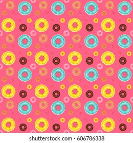 Vector seamless pattern. Cute donuts with colorful glazing or cream on polka dot background. Yummy cookie sweets, food or candy decoration. Flat lay style, pattern for festive, tasty design