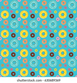 Vector seamless pattern. Cute donuts with colorful glazing or cream on polka dot background. Yummy cookie sweets, food or candy decoration. Flat lay style, pattern for festive, tasty design  