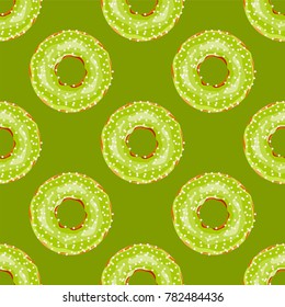 Vector seamless pattern. Cute donuts with colorful glazing or cream on colored background. Yummy cookie sweets, food or candy decoration. Flat lay style, pattern for festive, tasty design