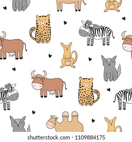 Vector seamless pattern with cute doodle animals. Perfect for postcard, birthday, baby book, children room. Zebra, wolf, cow, leopard, kangaroo