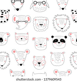 Vector seamless pattern with cute doodle animals. Perfect for poster, birthday, baby book, children room, anniversary, baby shower