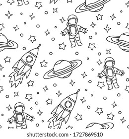 Vector seamless pattern with cute doodle cartoon rocket, astronaut and stars. Astronomy concept background for kids. Abstract textile texture.