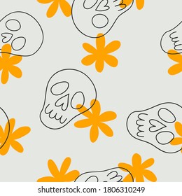 Vector seamless pattern of cute doodle sculls and flowers. Halloween simple background