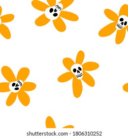 Vector seamless pattern of cute doodle flower skulls. Halloween simple background
