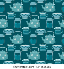 Vector seamless pattern. Cute doodle tea and coffee cups, teapot and glass jar