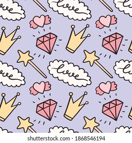 Vector seamless pattern with cute doodle isolated illustrations. Fairy crown, diamond and hearts for the princess. Decoration for background or wrapping paper.