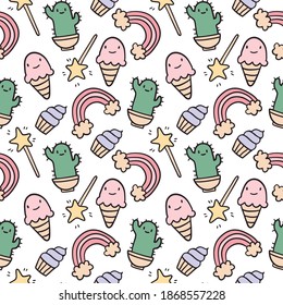 Vector seamless pattern with cute doodle isolated illustrations. Stickers with cactus and rainbow, ice cream cone. Decoration for background or wrapping paper.