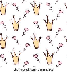 Vector seamless pattern with cute doodle isolated illustrations. Bright crown and flowers. Decoration for background or wrapping paper.