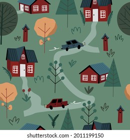 Vector seamless pattern with cute doodle country side village with red scandinavian houses, paths, forest trees and cars