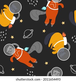 Vector seamless pattern with cute doodle rocketeer cats in outer space