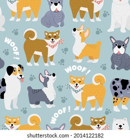 Vector seamless pattern with cute doodle different dog breeds