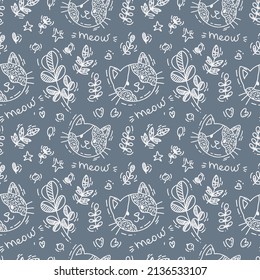 vector seamless pattern with cute doodle elements. vector outline cat with flowers and berries on blue background. Fun wallpaper.