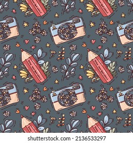 vector seamless pattern with cute doodle elements. vector bright camera with flowers and red pencil with quotes. Fun colorful background.