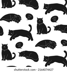Vector seamless pattern with cute doodle cats. Simple black animal silhouette isolated on white background. Sleeping cat shadow shape. 