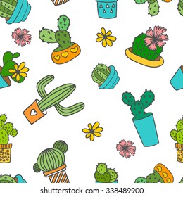 Vector seamless pattern. Cute doodle cactus and flowers in a pots.