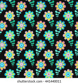 Vector seamless pattern with cute doodle flowers. Hand drawn background for kids. Nice floral backdrop. Bright plants on black background. Yellow, pink, blue, green and white colors.