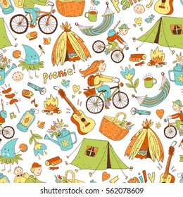 Vector seamless pattern with cute doodle family. Equipment for camping and eco-tourism, bicycles, tent, guitar, people, woman,  man and two children. Cartoon style. White background.