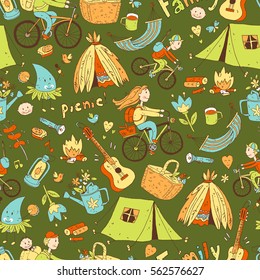 Vector seamless pattern with cute doodle family. Equipment for camping and eco-tourism, bicycles, tent, guitar, people, woman, man and two children. Cartoon style. Dark green background.