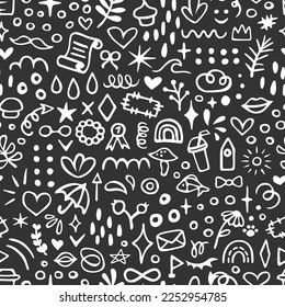Vector seamless pattern with cute doodles. Hand drawn design for wallpaper, wrapping, stationery, textile.