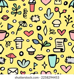 Vector seamless pattern with cute doodles. Hand drawn design for wallpaper, wrapping, stationery, textile.