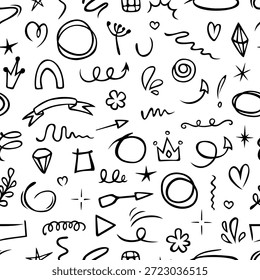 Vektornahtloses Muster mit süßen Doodles. Handgezeichnetes naives Design für Tapete, Verpackung, Schreibwaren, Textilien.