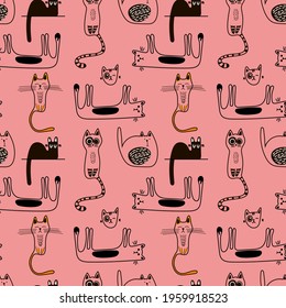 Vector seamless pattern with cute doodle-style cats in monochrome on a red background. Children's illustration for pajamas, clothing, postcards, packaging paper, pet stores