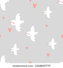 vector seamless pattern, cute doves in minimalist style are flying on the light gray background