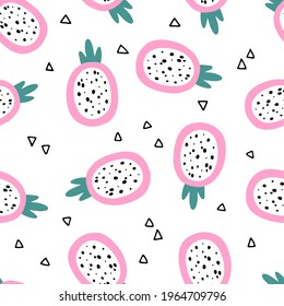 Vector Seamless Pattern, Cute Dragonfruit Repeat For Kids Apparel, Textile And Other Children Related Products