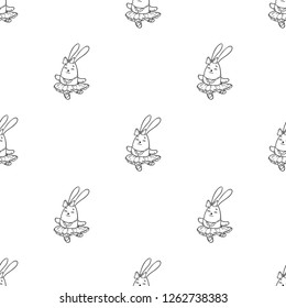 Vector seamless pattern with cute drawing rabbit ballerina dancing and isolated on white background
