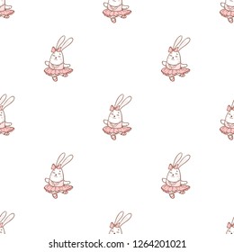 Vector seamless pattern with cute drawing rabbit ballerina dancing and isolated on white background