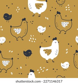 vector seamless pattern with cute easter chickens on yellow background, adorable textile design for children