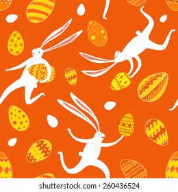 Vector seamless pattern with cute Easter rabbits 