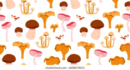 
Vector seamless pattern with cute edible mushrooms on a white background. Hand drawn illustration. For design, scrapbooking, decoration, textiles. Rich autumn harvest.