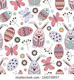 Vector seamless pattern with cute elements for Easter holiday. Funny objects made of childish style