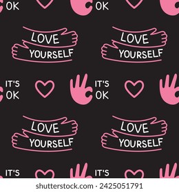 Vector seamless pattern with cute elements. Hugs and ok gesture. Love yourself concept. Hands and hearts on black background. Wrapping or wallpaper design.