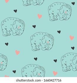 Vector seamless pattern of cute elephant and hearts. Cartoon hand drawing vector illustration. Can be used for baby t-shirt print, fashion design, packaging.