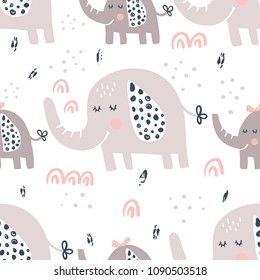 vector seamless pattern, cute elephants on white background